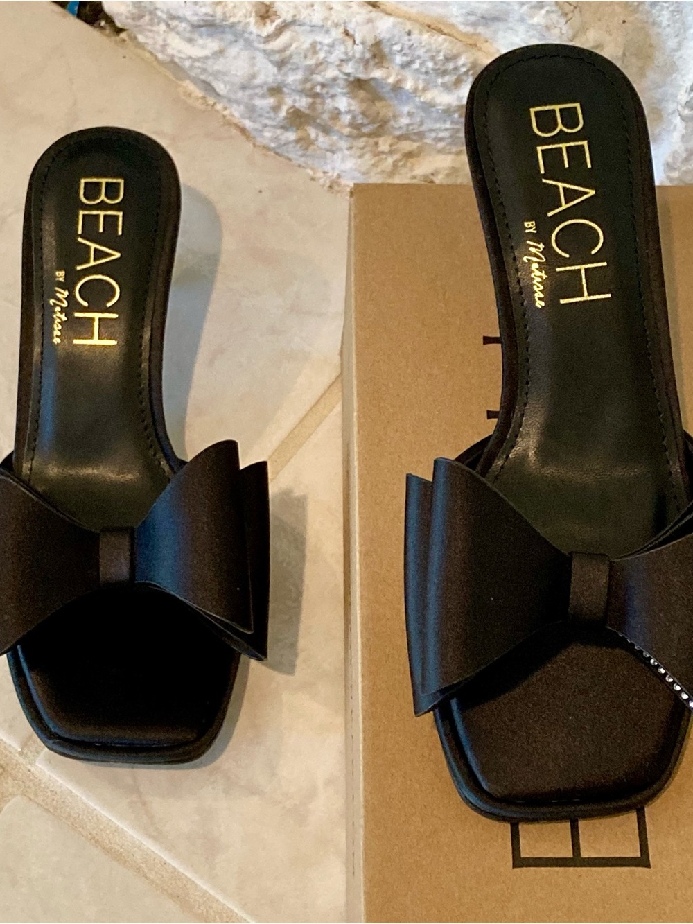 Matisse Black Satin Bow Kitten Heel Mules with Crystal Accent - Picture 6 of 16